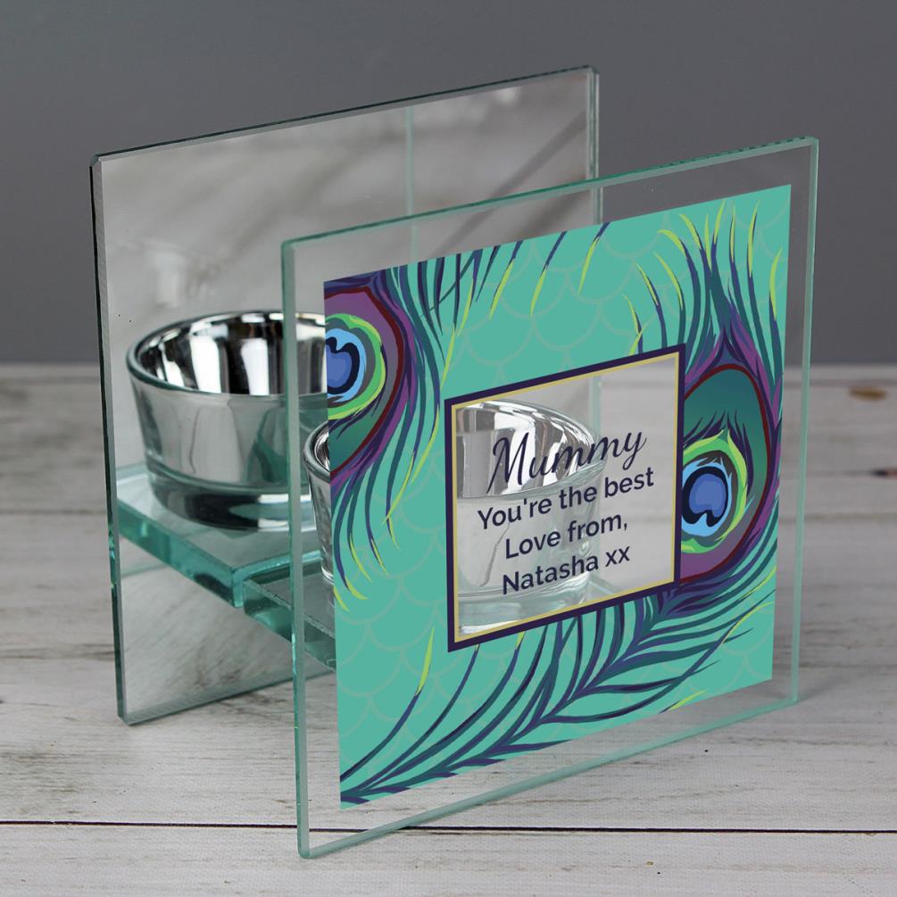 Personalised Peacock Mirrored Glass Tea Light Candle Holder Extra Image 2